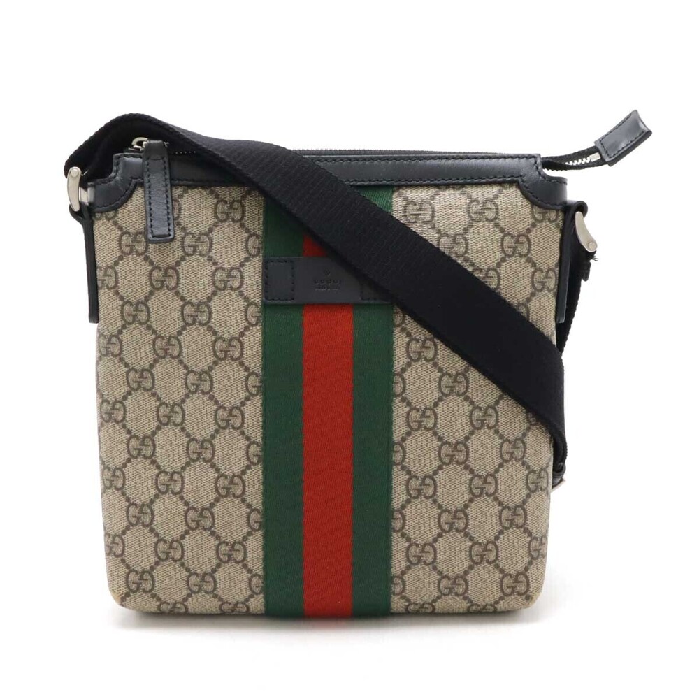 Gucci GG Supreme Sherry Web Flat Messenger Bag Crossbody Beige Cream Black